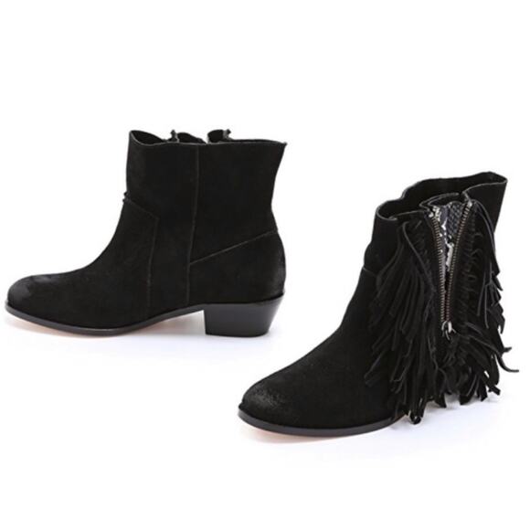 Cynthia Vincent Nibble Fringe Suede Ankle Heeled Bootie in Black, Size 8.5 - Picture 1 of 16